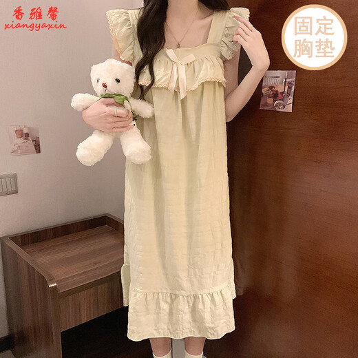 香雅馨夏天公主风棉质吊带睡裙女夏季薄款带胸垫睡衣少女中长款连衣裙 9905黑格 2XL
