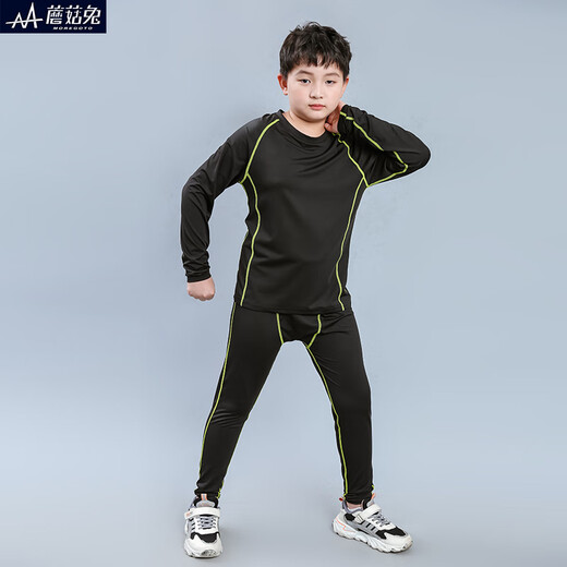 Mushroom Rabbit (MOREGOTO) fat boy training clothes tights loose big children boys sportswear teenagers plus weight enlargement basketball uniform black green line 150 plus weight plus size suitable for 100Jin Jin is equal to 0.5 kg, left and right wear