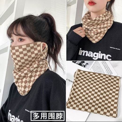 赫僮 围脖冬季女韩版挂耳面罩保暖护颈脖套百搭加厚防风寒口罩DG-2466 黑白棋盘格