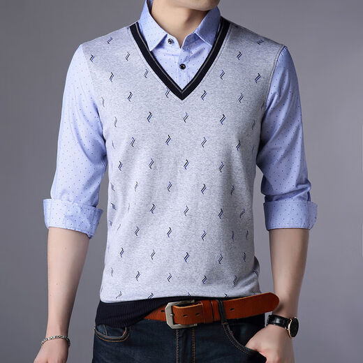 Yimuqi double-collar sweater for men in spring and autumn fake two-piece sweater without velvet new collar T-shirt thin men's base 3877 blue (single-sided style in spring and autumn) one size 165/m Recommended within 120 Jin [Jin equals 0.5 kg]