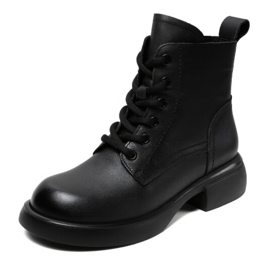 KI-Top-Layer-Cowide Kurzstiefel für Frauen 2024 Winter neuer Stiefel mit Martinstiefeln und Velvet-Baumwollschuhen echte Leder-Leder-Lederschuhe schwarz [hinzugefügte Velvet] Wzzm23339 38