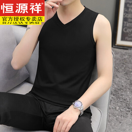 HENGYUANXIANG MEN'S SUMME sans manches glaciaire Silk Cool Veste's Veste's Cotton V-Neck White White Sports Fitness Couleur Couleur de couleur Black 601 Couleur continue V Vest 3xl (190) -