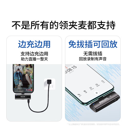 Philips (PHILIPS) National Subsidy Lavalier Microphone Live Vlog Short Video Equipment Outdoor Short Video In-line Mobile Phone Computer Wireless Radio Microphone One Drag One + Charging Box
