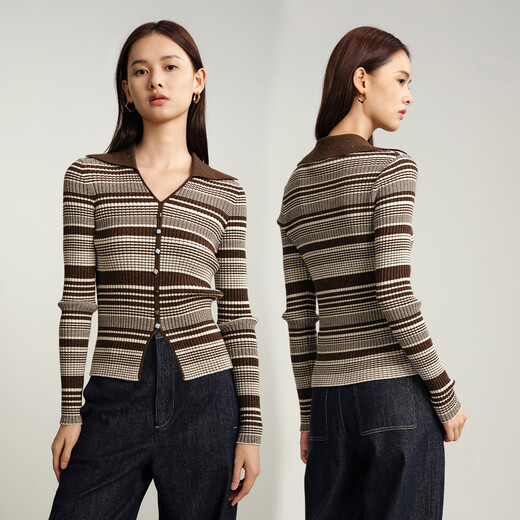 
EP Yaying Women's Clothing Wool Yak Wool Striped Knitted Sweater Pullover Shopping Mall Same Model 9923A Coffee M