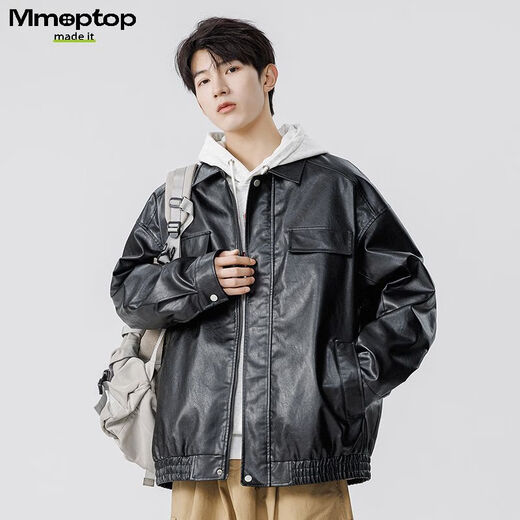 MMOPTOP American Lapel PU Leather Jacket Men's Spring and Autumn Flying Staff Jacket 6073 Agate Black 3XL