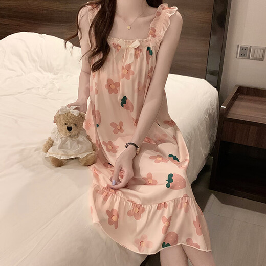 
Bei Yifu nightgown for women in summer with breast pad high-end ice silk cool suspender pajamas summer ladies sweet and cute home clothes 1355#red flower M
