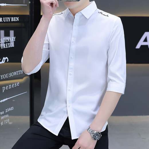 YIBAOLANG stretch ice silk men's three-quarter sleeve shirt, mid-sleeve shirt, embroidered anti-wrinkle, no ironing, summer thin section, slim fit Korean version 686 black XL (120-135Jin Jin equals 0.5kg)