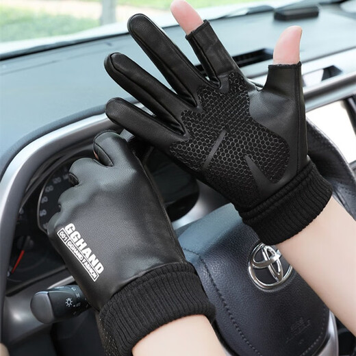 Zhugang Half Finger Gloves for Men and Women Winter Warm Anti-Slip Fingerless Cycling Driving Waterproof Plus Velvet Fishing Takeaway Cycling Outdoor Leather Two Finger-Men's Style
