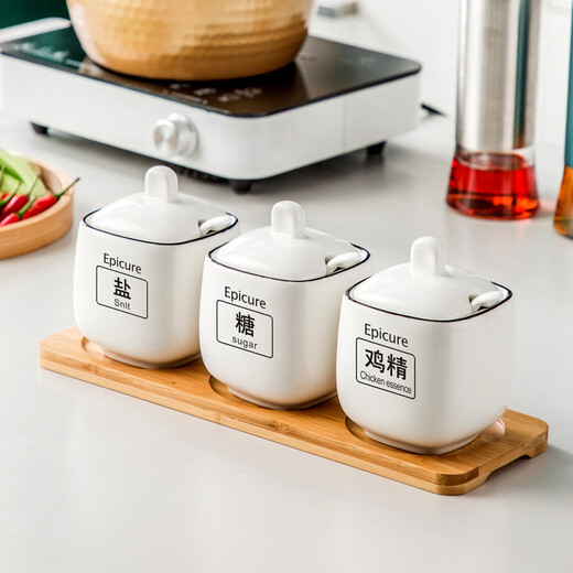 Duo Meiran household white ceramic seasoning jar seasoning combination set seasoning box kitchen seasoning jar salt shaker seasoning bottle jar 2 black line white jars - with wooden board