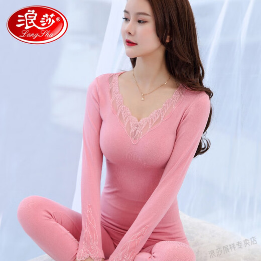浪莎（LangSha）蕾丝性感保暖内衣套装女士莫代尔美体修身秋衣秋裤打底全纯棉毛衫 9905大红色 均码【上衣+ 裤子80-150斤内穿】