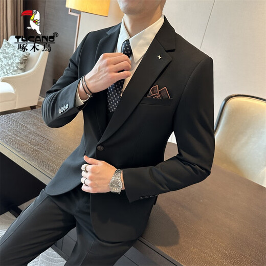 Woodpecker (TUCANO) 2025 Autumn High Quality Dark Green Suit Men's Suit Business Casual Formal British Style Groom Wedding Dress Black (suit + trousers) XL 52 (125-135Jin Jin equals 0.5kg)