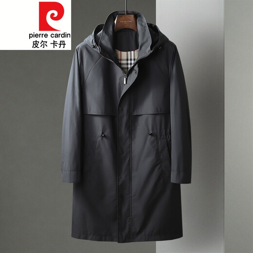 皮尔卡丹秋冬新款中年男士中长款风衣连帽男装商务休闲帅气大衣外套针织 铁青色 M 170