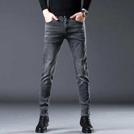 JEEP SPIRIT jeans men's spring and autumn new slim small feet high-end elastic Korean version trendy versatile straight trousers 1049R gray plus velvet 28