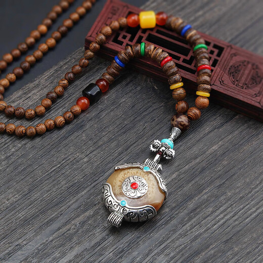 DING FEI ethnic style Rudraksha Bodhi sandalwood pendant long necklace women's Buddhist bead sweater chain men's cotton and linen Tibetan ornaments peace and blessing A29-108