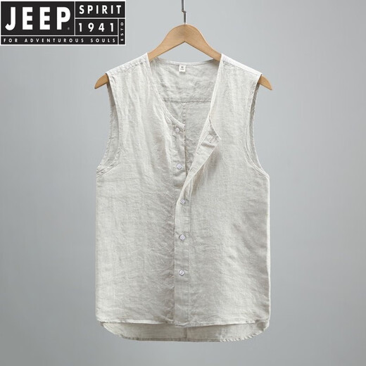 JEEP SPIRIT夏季纯色亚麻马甲背心男士青年休闲无袖复古水洗麻料透气常规纽扣 黑色 XL 建议130-145斤