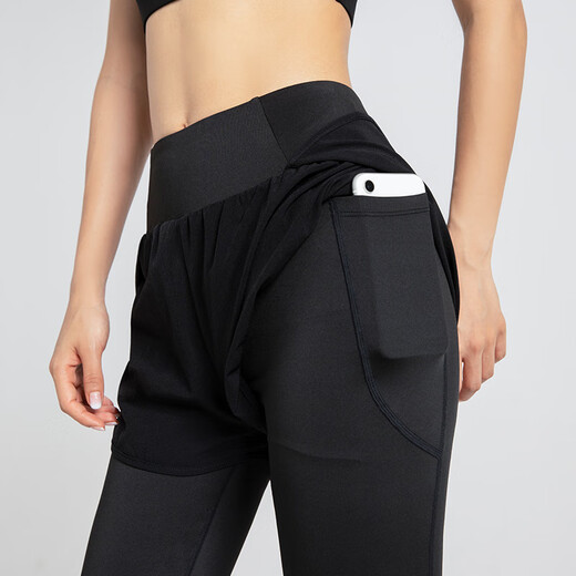 Rianne.He fake two-piece sports tight women's high waist elastic hip lift small feet fitness quick-drying running pocket yoga pants black S recommended 80-95Jin Jin equals 0.5 kg