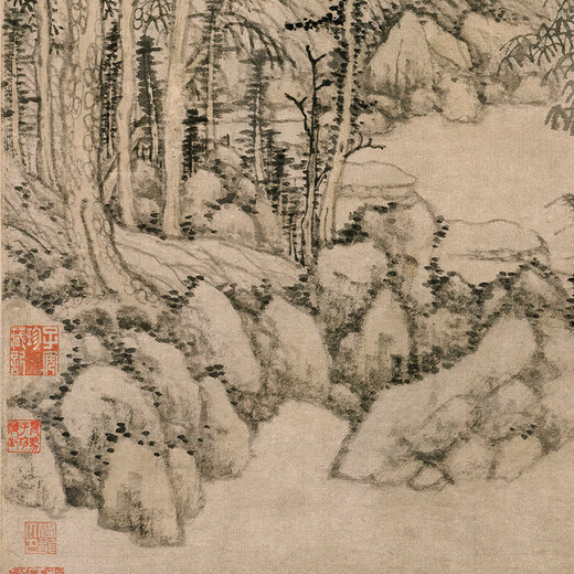元黄公望丹崖玉树图古代山水画卷轴文人复仿古画挂画 元王蒙层峦耸翠图12176 60X140厘米（喷绘画心尺寸） 宣