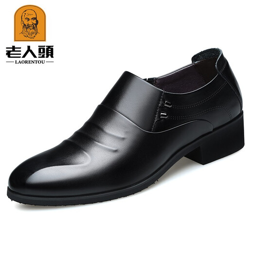 老人头高跟皮鞋男士休闲鞋新品透气真皮尖头男士商务正装鞋潮流男鞋牛皮 黑色-套脚款 40