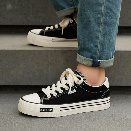 人本2024春秋复古帆布鞋男士休闲百搭经典板鞋韩版潮男鞋 黑色 41