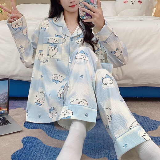 Doretin mignon petit pyjama huit pour femmes au printemps et à l'automne à manches longues pantalon cartoon chaa jikawa student vêtements à domicile 9272 # Double Long Dot Rabbit M 75-100jin [Jin est égal à 0,5 kg]