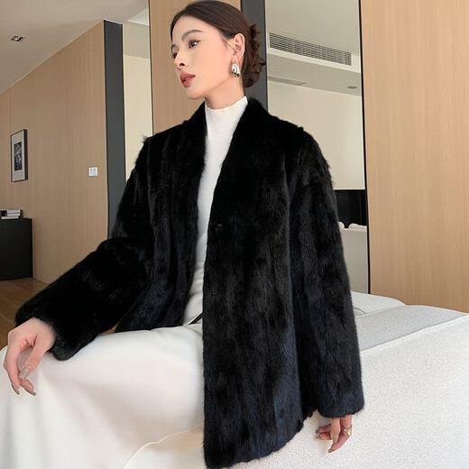 Aoerrun Haining imported 2025 new mink fur coat for women mink fur young style fashionable V-neck black M 90-110Jin Jin is equal to 0.5 kg
