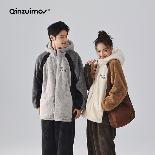 Kissing Cat Soft Velvet Hooded Wide Couple Pajamas Women's Autumn and Winter Warm Thickened Men's Suit Home Clothes 4705 Golden Brown Women's M