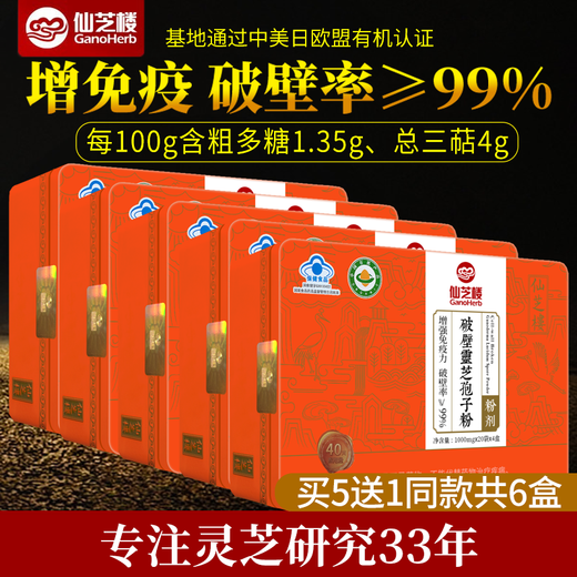 仙芝楼破壁灵芝孢子粉灵芝多糖增强免疫力保健礼盒装 【1g*80袋/盒】*5盒【送1盒同款共发6盒】