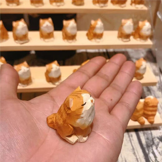 木雕小橘猫摆件手工艺品可爱的猫猫萌宠可爱手作造景猫咪桌面装饰 小橘猫