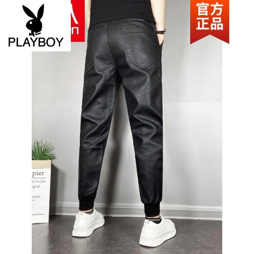 Playboy (PLAYBOY) Men's autumn and winter plus velvet thickened casual foot pants elastic tying feet windproof waterproof motorcycle leather black tying feet plus velvet 35