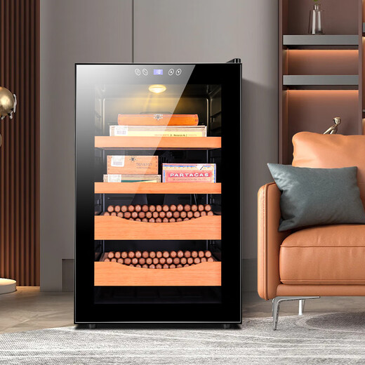 CIGARLOONG 65C cigar cabinet, temperature controlled, moisturizing, energy-saving, silent, electronic dual-core dual-core refrigeration, smart small household, pure-cured cedar wood, bare-cured cigar, red wine and tea cabinet, cedar wood black model 70L