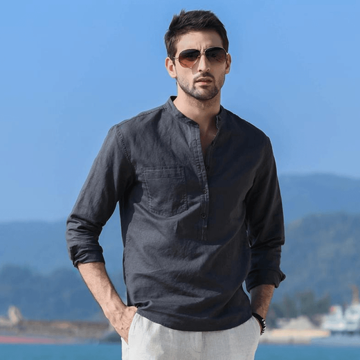 Cangishi Kazuki Cangishi Kazuki light luxury trendy brand high-end cotton and linen Henry collar shirt men's long-sleeved T-shirt 2025 spring and autumn new stand collar dark gray XL