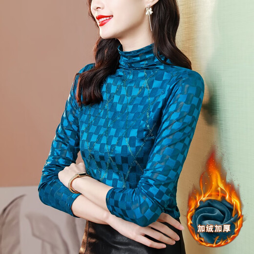 歌蜜奴 打底衫女长袖蕾丝衫春秋季女装新款金丝绒加绒加厚上衣圆领T恤1203 蓝色 M