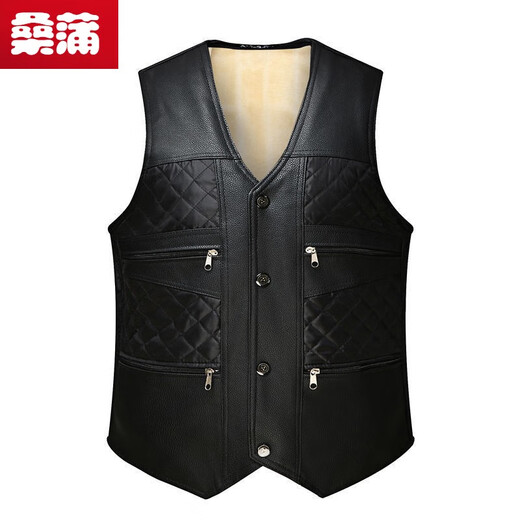 Sangpu Duo Pocket Middle-aged and Elderly Men's Velvet Thickened Leather Vest Winter Loose Cotton Vest Warm Waistcoat Jin Jin equals 0.5 kg Inside Velvet Thickened Black Leather 2XL 125 Jin Jin equals 0.5 kg -150 Jin Jin equals 0.5 kg
