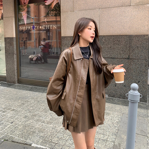 GARNUO棕色皮衣外套女早春秋2025新款爆款小个子复古美拉德机车短款夹克 黑色 M【106-125斤】