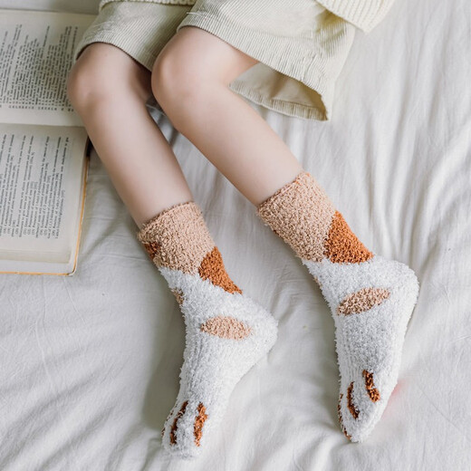 卜袜甲儿童珊瑚绒防滑地板袜子冬季宝宝加厚保暖睡眠中筒袜家居袜套 儿童硅胶猫爪5色4双(选色备注) 均码(适宜1-11岁男女童)