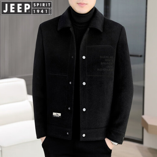 JEEP SPIRIT羊毛呢外套男士短款双面尼大衣2024秋冬新款男装加厚呢子夹克 黑色【款】 180/XL【130-150斤】