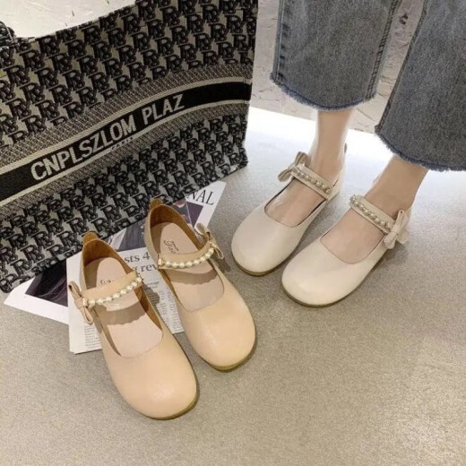 Shi Yan Wave Fairy Style Shoes Women's 2022 Summer New Gentle Pearl Flat Bottom Versatile Mary Jane Student Lazy Beanie Shoes Beige 35