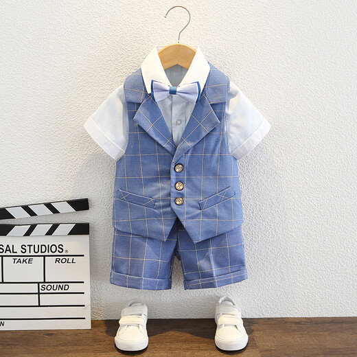 Bear Elf (Xiaoxiongjingling) Jungenkleid Sommer-Kinderanzug hübscher kleiner Jungen Blumen Boy Host Overss Chors Performance Anzug kurzärmeliges Hemd + Blau-Gitter-Shorts + Fliege + Riemen 120 Größe (empfohlenes Gewicht 37-43 Jin [Jin gleich 0,5 kg]))