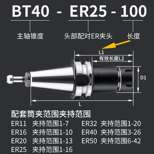 BT40 HETROLDER OUTIL HIGH-PROCISION Dynamic Balance Machining Center BT30-ER32 ER25 CNC Kiln Inoxyd Steel Toolder BT40ER11150 Longueur effective 125