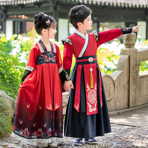 微爱的小松鼠汉服男童 2025新款儿童古风唐装男孩国学演出服夏季6198 知遇-红色 150 cm