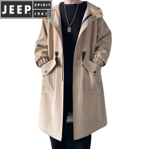 JEEP SPIRIT痞帅风衣外套男中长款春季新款过膝大衣男秋冬加厚披风派克服男装 黑色 XL 135斤-160斤可穿