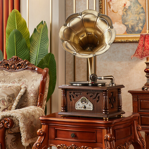 SHENGLINA American solid wood gramophone retro nostalgic national old-fashioned record player antique large speaker audio European vinyl record player record player walnut color single host copper speaker