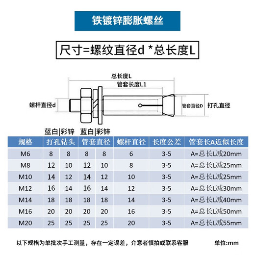 Jinggong genuine national standard iron expansion screws, galvanized expansion bolts, metal expansion bolts, pull-out screws, iron expansion tubes, galvanized M8*80 (50 pcs) with 12mm hole punching discount