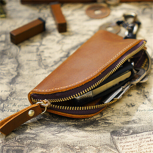
AIGUONIU original handmade retro limelight layer cowhide casual zipper key bag men's waist-hung car multi-function keychain brown/brown