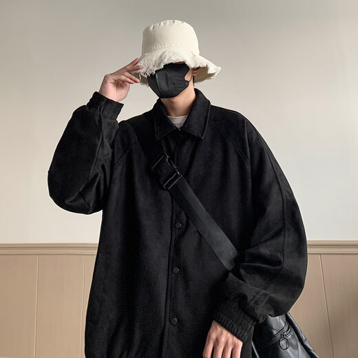顶峰保罗（Dingfengbaoluo）夹克外套男士秋冬休闲宽松潮麂皮绒上衣美式棒球服YM9921黑色2XL