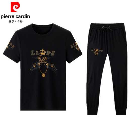 皮尔卡丹（pierre cardin）运动休闲套装男夏季薄款桑蚕冰丝印花短袖韩版痞帅潮流个性痞帅风 9227黑色 165/M