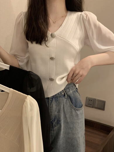 熊司令2025夏新款冰丝雪纺拼接V领短袖针织衫淑女薄款打底衫短款上衣MCL 3523黑色 均码 (70-125斤可穿)