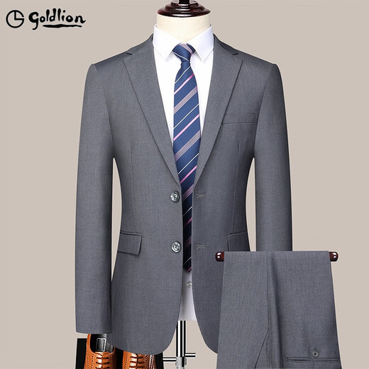 Goldlion men's two-button suit two-piece suit spring and autumn middle-aged business formal suit professional wedding dress gray 170 recommended weight 100-115