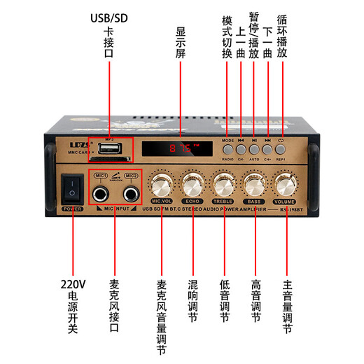 LDZS Mini Mini -Verstärker -Lautsprecher -Amplifikationskarte USB -Flash -Laufwerk DC 12V 220V Bluetooth -Verstärker erweiterte Konfiguration (Anzeige + Reverb -Einstellung)