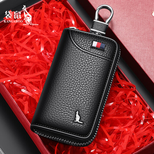 Kangaroo Key Bag Men's Genuine Leather Storage Key Clip 2024 New Waist Hanging Cowhide Car Key Bag Versatile Trendy Black